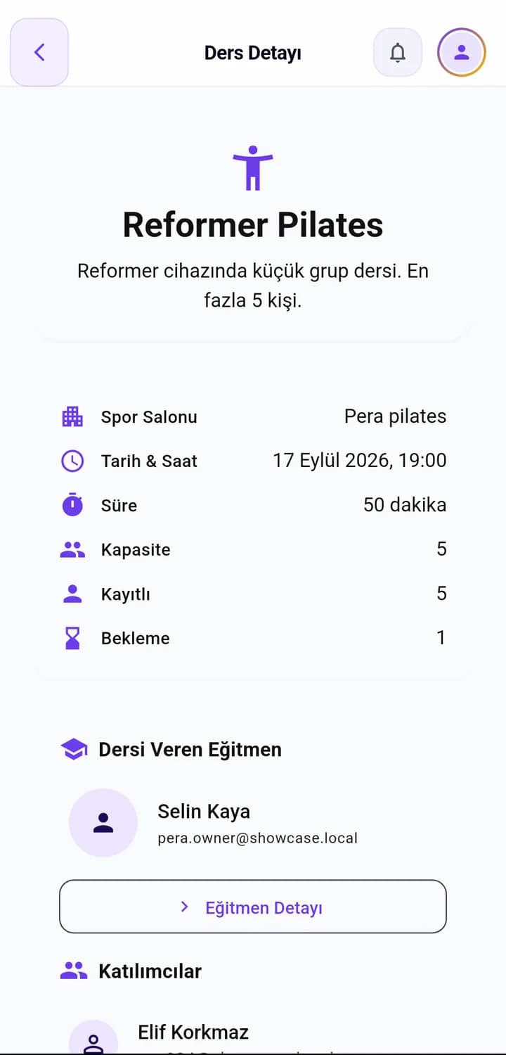 Gymora ders detayı: Reformer Pilates, kapasite 5, kayıtlı 5, bekleme 1